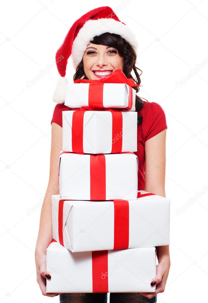 Happy santa girl holding many boxes with presents