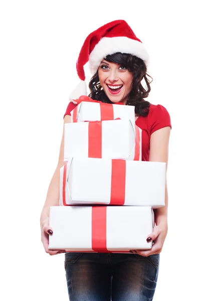 Mujer asombrada sosteniendo muchas cajas con regalos —  Fotos de Stock