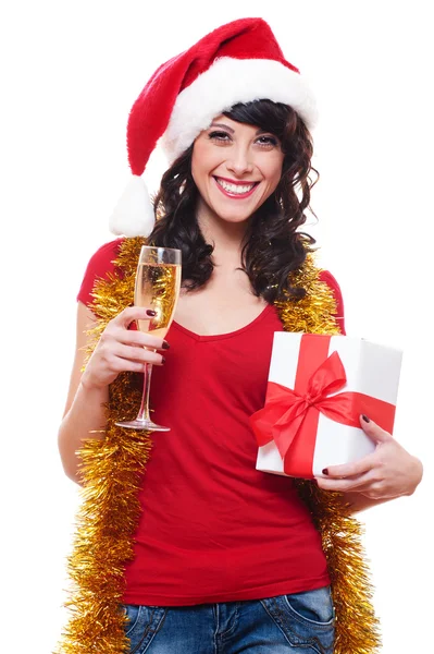 Cheerful young woman holding glass and gift — Stock Photo, Image