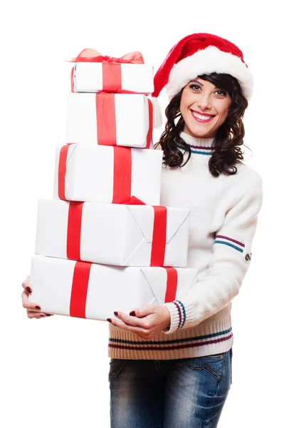 Mädchen hält viele Schachteln mit Geschenken — Stockfoto