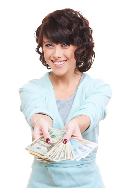 Happy woman giving money — Stock Photo, Image