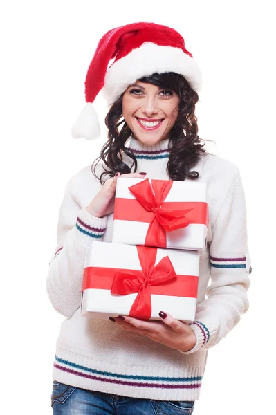 Santa flicka håller lådor med presenter — Stockfoto
