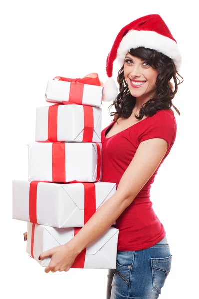 Santa flicka håller många lådor — Stockfoto