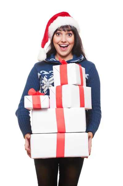 Feliz mulher espantada segurando muitas caixas — Fotografia de Stock