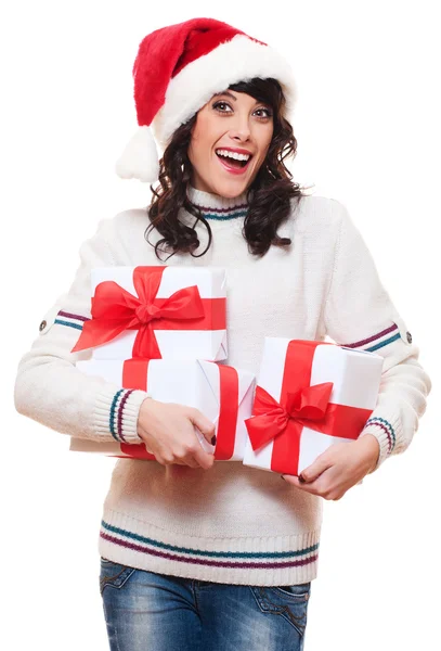 Amazed happy woman in santa hat — Stockfoto
