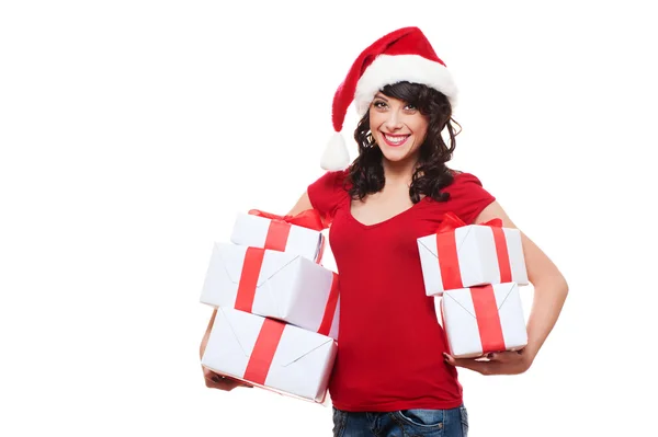 Feliz chica santa sosteniendo muchas cajas con regalos —  Fotos de Stock