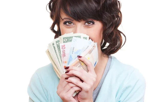 Dolar ve euro tutan genç kadın — Stok fotoğraf