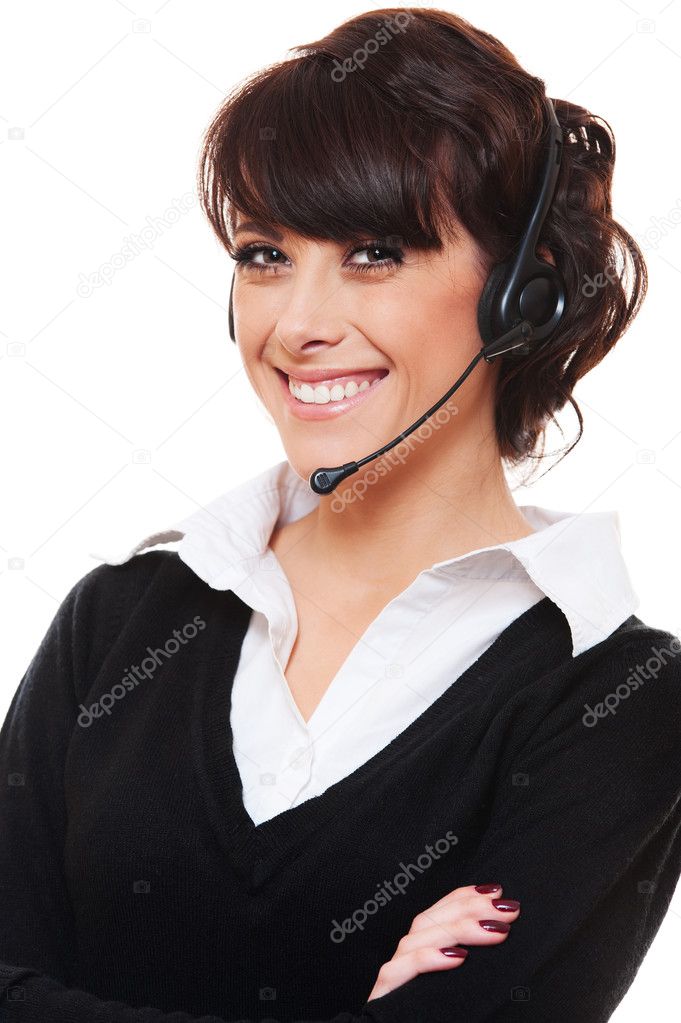 Smiley telephone operator over white background
