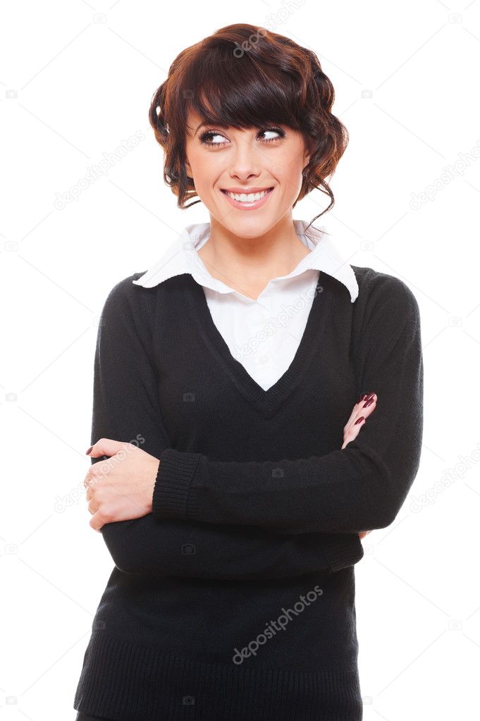 Smiley woman in white shirt and black pullover