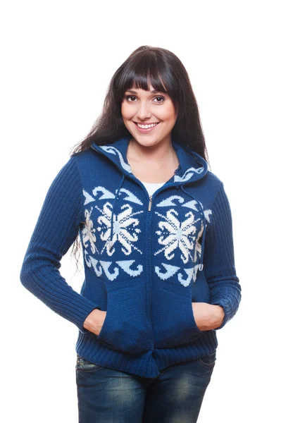Brunette in blue knitted jacket — Stock Photo, Image