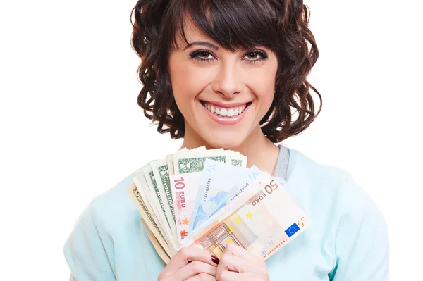 Žena držící dolary a euro — Stock fotografie