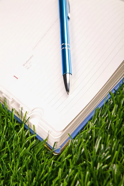 Notebook a fűben — Stock Fotó