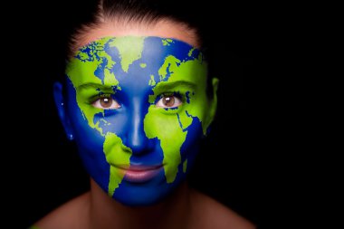 Girl with a painted map of World on his face. clipart