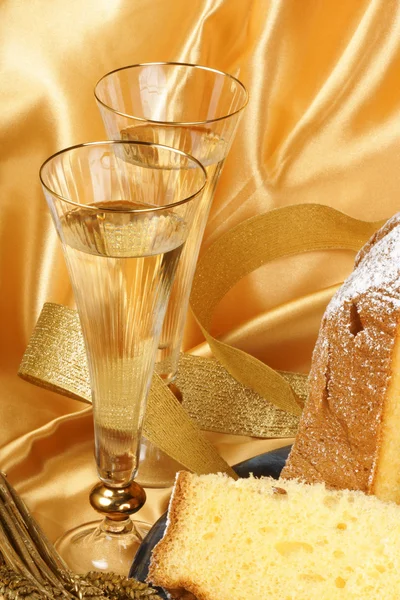 stock image Christmas composition with Pandoro and spumante