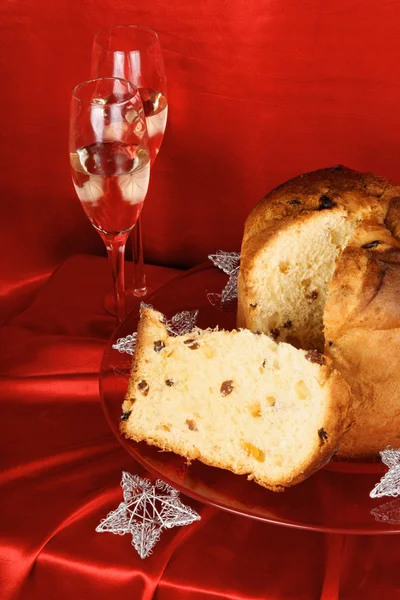 Christmas composition with panettone and sparkling wine — Stock Photo, Image
