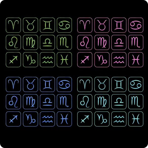 Símbolos do zodíaco em quatro cores, estilização metálica — Vetor de Stock
