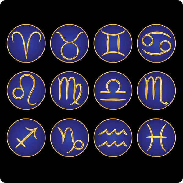 Símbolos del zodiaco de oro en azul — Vector de stock