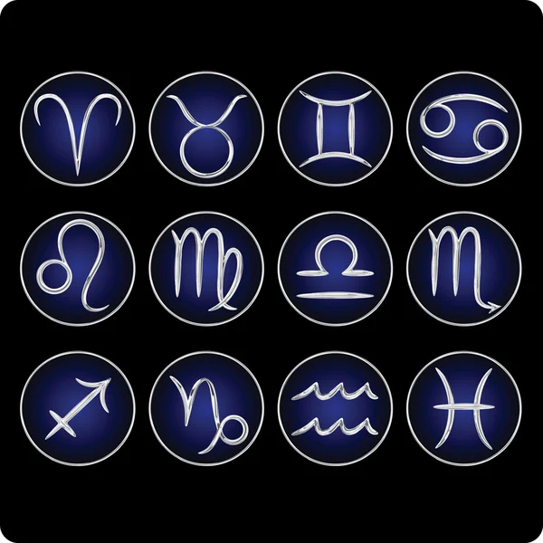 Símbolos zodiacales de plata en azul — Vector de stock