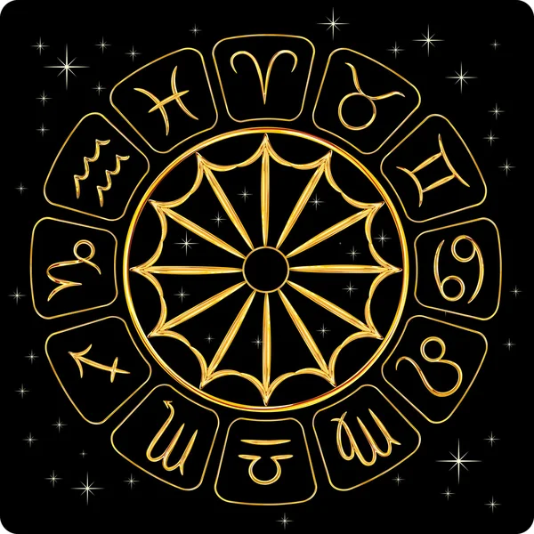 Símbolos do zodíaco dourado em preto — Vetor de Stock