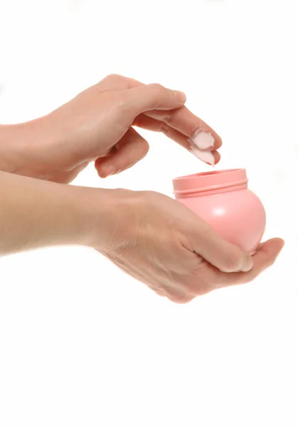 Hands in Skin Cream Jar — Stock Photo, Image