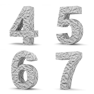 Set of 3d Crumpled Paper Numbers (Number 4, 5, 6, 7) clipart