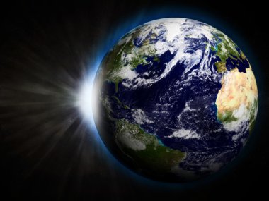 Ilustración 3D de la tierra con el sol naciente