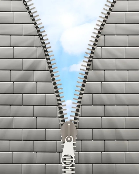 Fechar de Metal Zipper na parede de tijolo branco — Fotografia de Stock