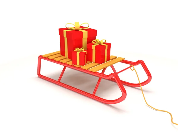 3D-Schlitten mit Geschenkbox auf weißem Hintergrund — Stockfoto