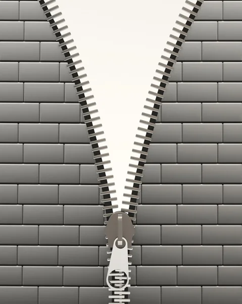 Nahaufnahme eines Reißverschlusses aus Metall in weißer Ziegelwand — Stockfoto