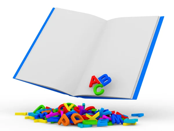 Offenes Buch mit bunten Buchstaben auf weißem Hintergrund — Stockfoto