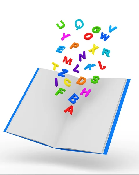 Offenes Buch mit bunten Buchstaben auf weißem Hintergrund — Stockfoto