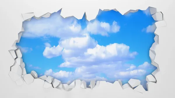 Trasiga tegelvägg med vackra moln bakom — Stockfoto