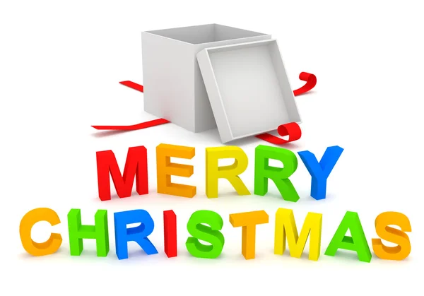 Feliz Natal Texto com caixa de presente sobre fundo branco — Fotografia de Stock