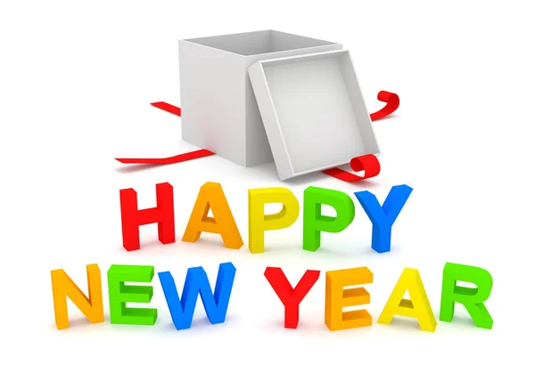 Šťastný nový rok text s otevřené krabičky na bílém pozadí — Stock fotografie