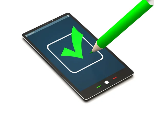 Teléfono inteligente con pantalla táctil con marca de verificación en fondo blanco — Foto de Stock