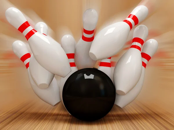 3d boule de bowling s'écrasant dans les broches — Photo