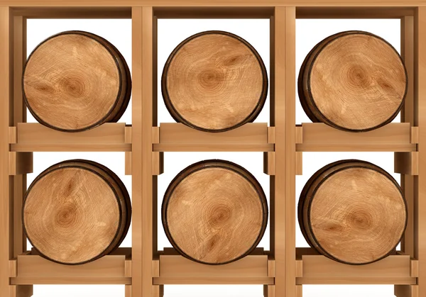 Mensola 3d con sei botti di legno su sfondo bianco — Foto Stock