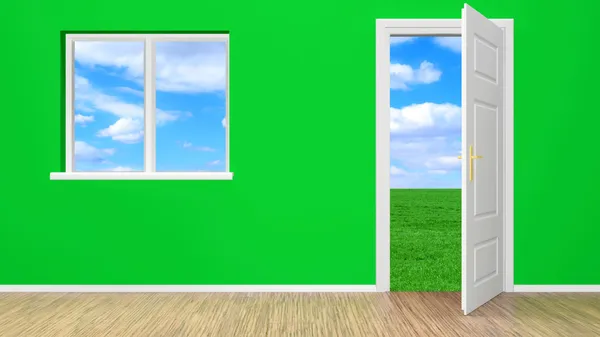 Nyitott ajtó és ablak üres szoba — Stock Fotó