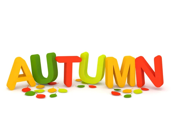 Slovo podzim s barevnými písmeny a listy na bílém pozadí — Stock fotografie