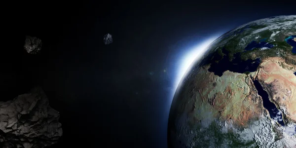 3D-Illustration der Erde mit aufgehender Sonne und Asteroiden (hohe Auflösung 3d — Stockfoto