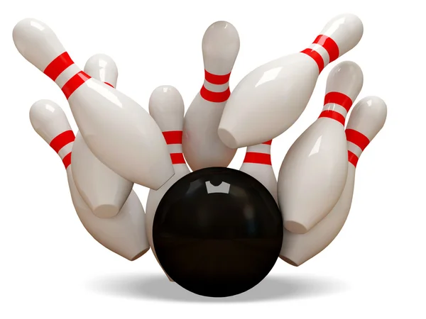 3D bowling golyót összetörő-ba a csapok, fehér háttér — Stock Fotó