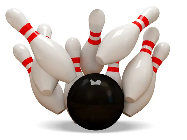3D bowling bollen krascha in stiften på vit bakgrund — Stockfoto