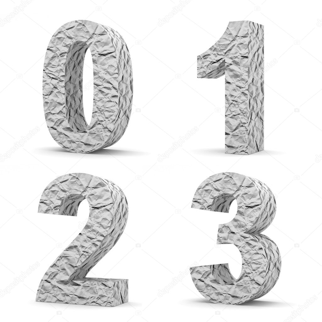 Set of 3d Crumpled Paper Numbers (Number 0, 1, 2, 3)