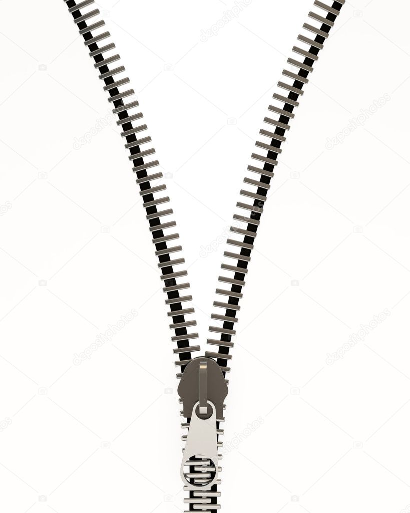Closeup of Metal Zipper on white background