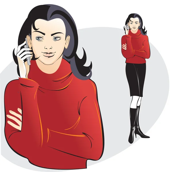Gadis berbaju merah dengan ponsel - Stok Vektor