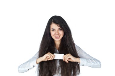 Young pretty woman with a business card clipart