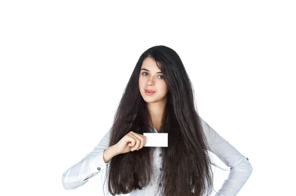 Young pretty woman with a business card — Stock Photo, Image