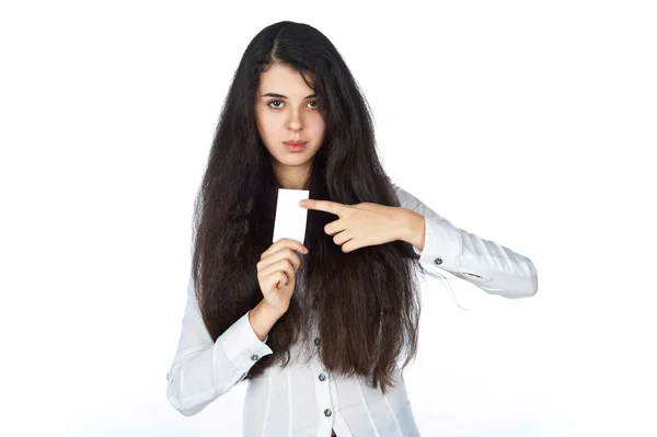 stock image Young pretty woman with a business card