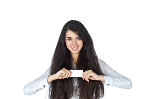 Young pretty woman with a business card Royalty Free Stock Images