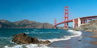 The Golden Gate Bridge in San Francisco with rocks panorama clipart
